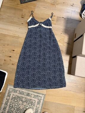 La Hearts Navy Floral Slip Dress with Cream Lace Trim